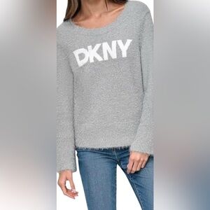 DKNY Jeans Silver Sparkle Fuzzy Knit Long Sleeve  Sweater Top M
